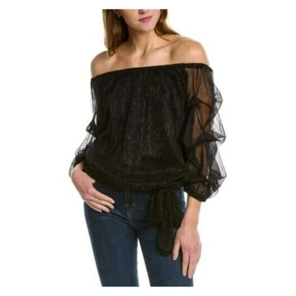 VINCE CAMUTO Womens Black Tie Ruched Lined Elasticized Sheer Balloon Sleeve Off - Picture 1 of 2